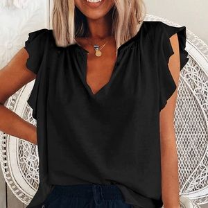 Casual V Neck Ruffle Sleeve Top